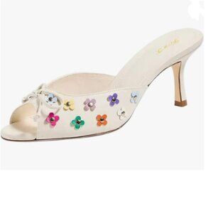 FOWT White Peep Toe Bow Mules Slip on High Heel Slippers Flower Studs Sandal